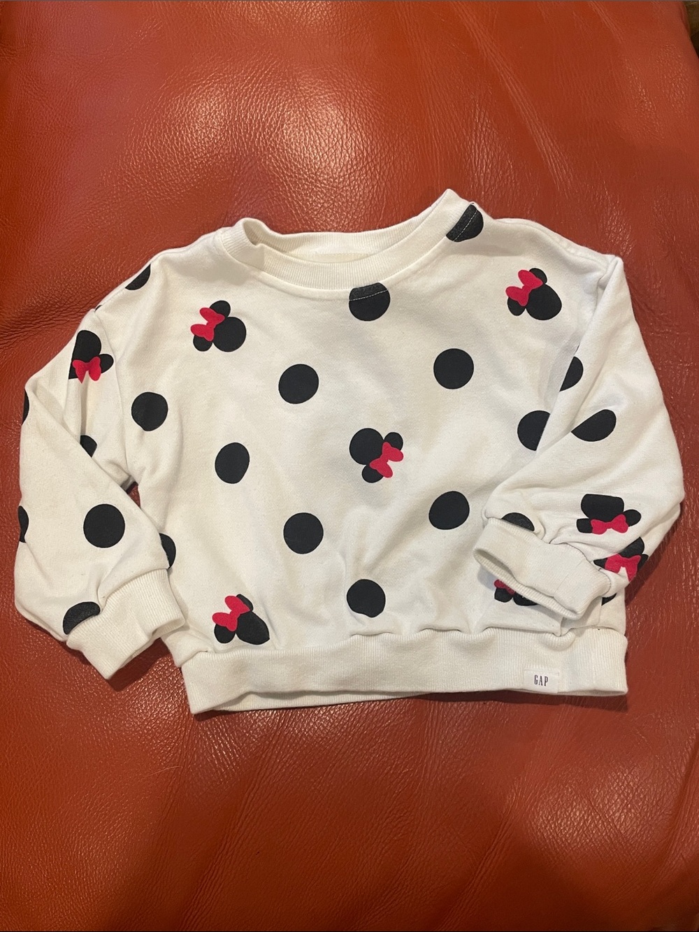 GAP White Polka Dot Sweatshirt with Black Minnie Silhouettes and Pink Bows